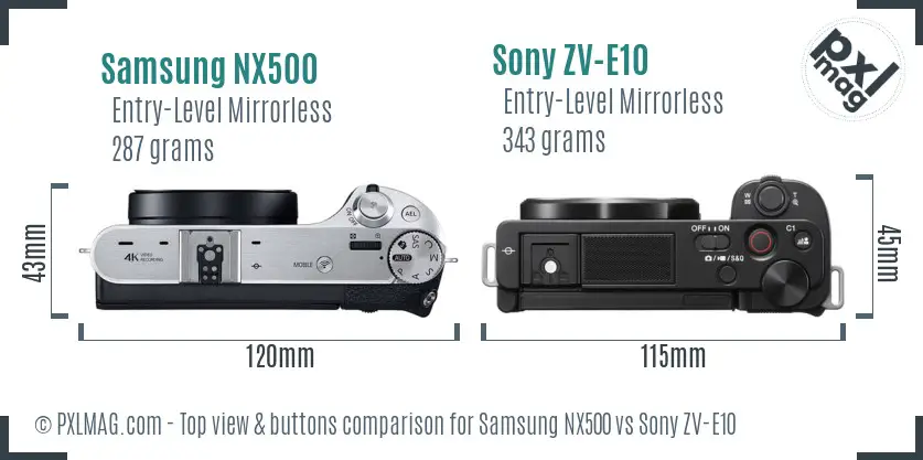 Samsung NX500 vs Sony ZV-E10 top view buttons comparison