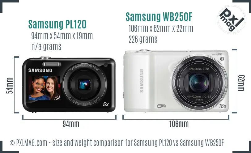 Samsung PL120 vs Samsung WB250F size comparison Samsung PL120 vs Samsung WB250F size comparison