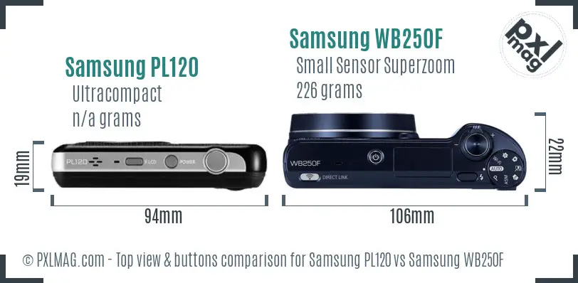 Samsung PL120 vs Samsung WB250F top view buttons comparison Samsung PL120 vs Samsung WB250F top view buttons comparison