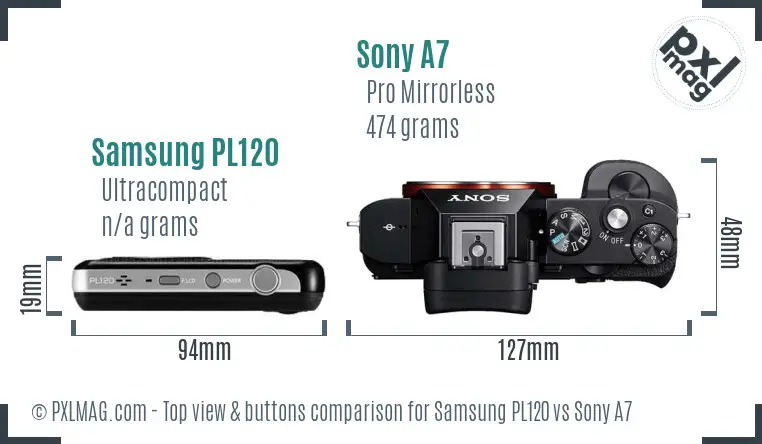 Samsung PL120 vs Sony A7 top view buttons comparison Samsung PL120 vs Sony A7 top view buttons comparison