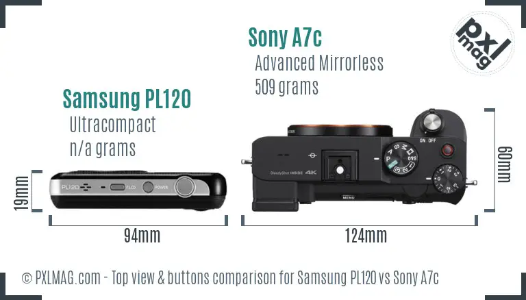 Samsung PL120 vs Sony A7c top view buttons comparison Samsung PL120 vs Sony A7c top view buttons comparison