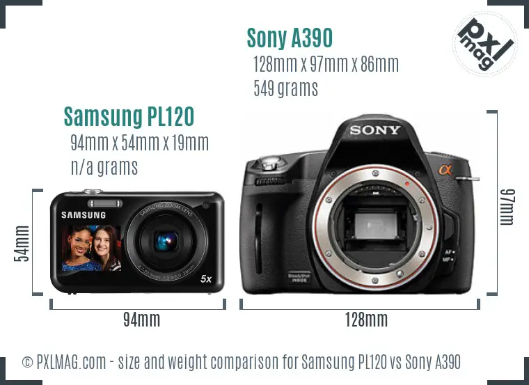 Samsung PL120 vs Sony A390 size comparison