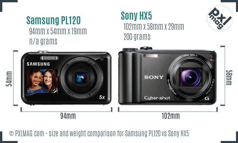 Samsung PL120 vs Sony HX5 size comparison