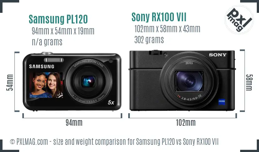Samsung PL120 vs Sony RX100 VII size comparison