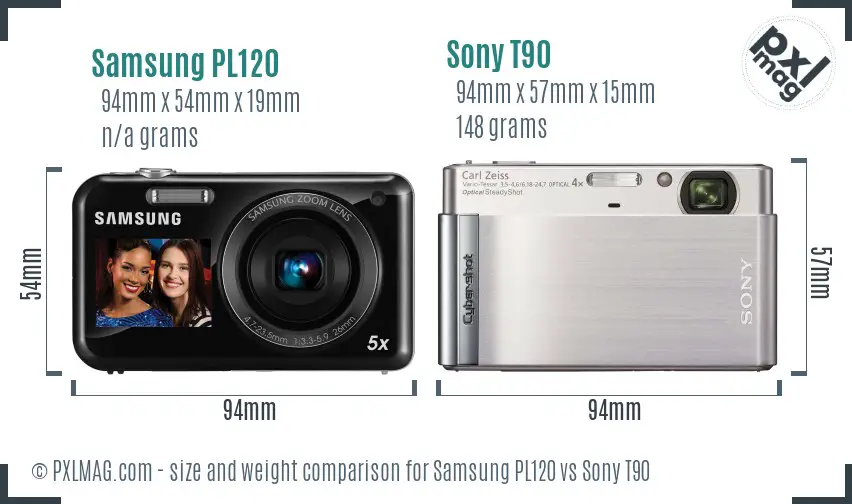 Samsung PL120 vs Sony T90 size comparison