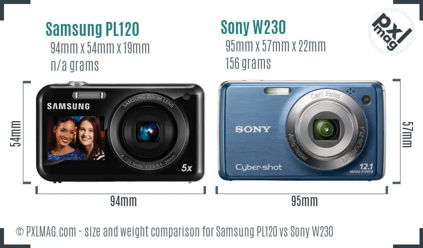 Samsung PL120 vs Sony W230 size comparison