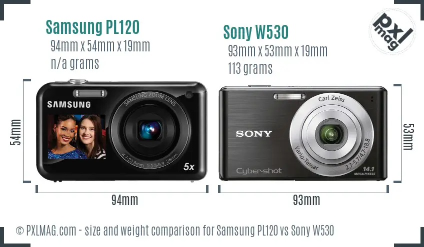 Samsung PL120 vs Sony W530 size comparison