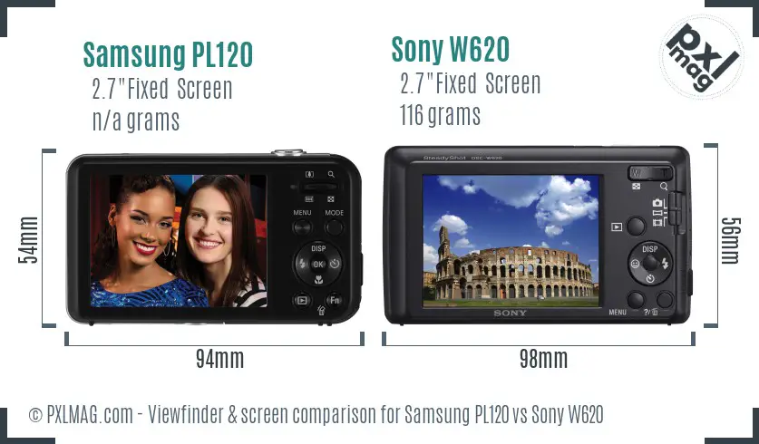 Samsung PL120 vs Sony W620 Screen and Viewfinder comparison