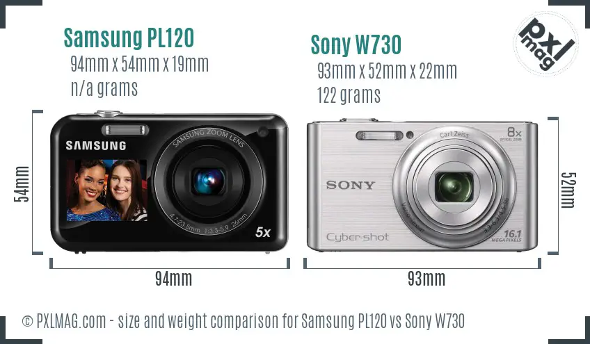 Samsung PL120 vs Sony W730 size comparison