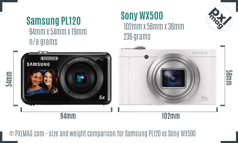 Samsung PL120 vs Sony WX500 size comparison