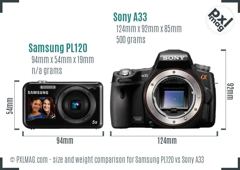 Samsung PL120 vs Sony A33 size comparison