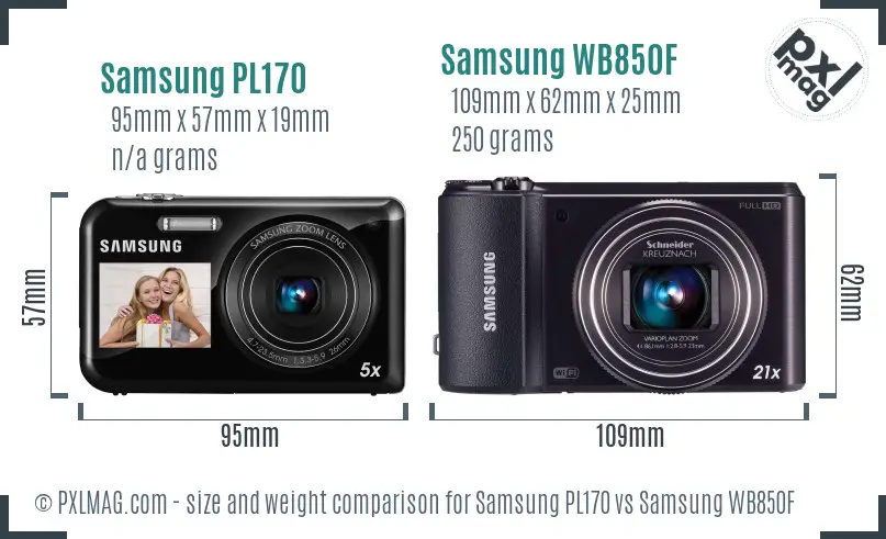 Samsung PL170 vs Samsung WB850F size comparison