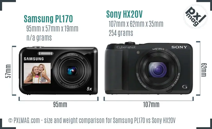 Size comparison of Samsung PL170 (ultracompact) vs Sony HX20V (compact superzoom)