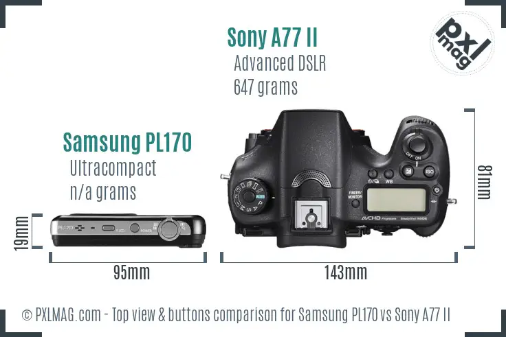 Samsung PL170 vs Sony A77 II top view buttons comparison Samsung PL170 vs Sony A77 II top view buttons comparison