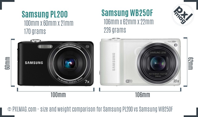 Samsung PL200 vs Samsung WB250F size comparison