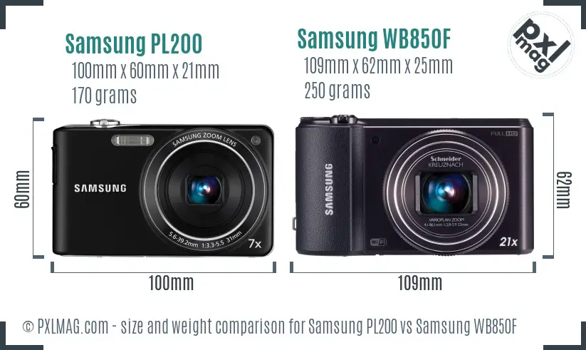 Samsung PL200 vs Samsung WB850F size comparison