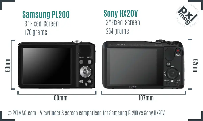 Samsung PL200 vs Sony HX20V Screen and Viewfinder comparison