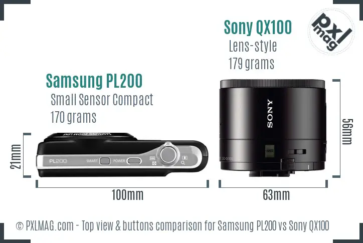 Samsung PL200 vs Sony QX100 top view buttons comparison Samsung PL200 vs Sony QX100 top view buttons comparison