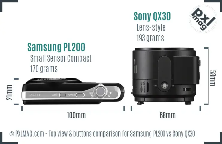 Samsung PL200 vs Sony QX30 top view buttons comparison Samsung PL200 vs Sony QX30 top view buttons comparison