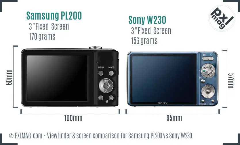 Samsung PL200 vs Sony W230 Screen and Viewfinder comparison