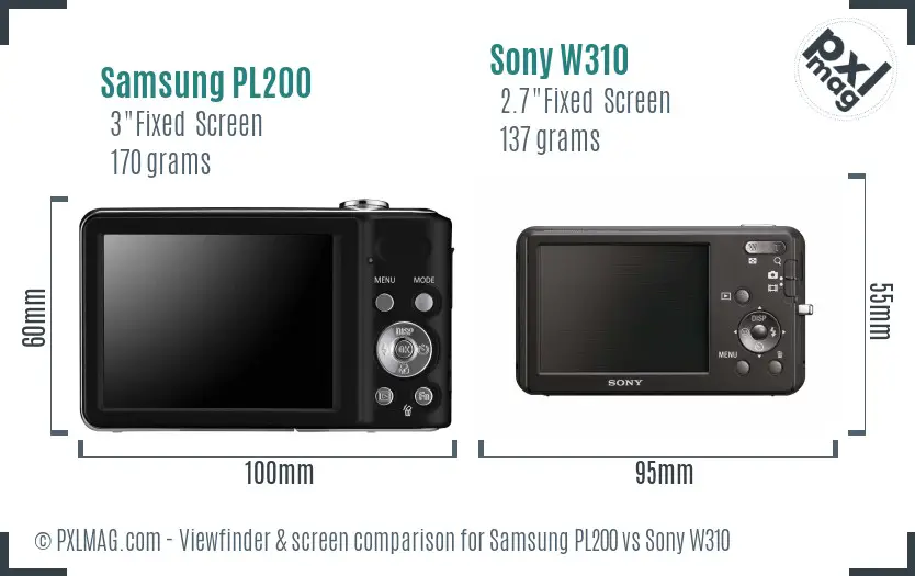 Samsung PL200 vs Sony W310 Screen and Viewfinder comparison