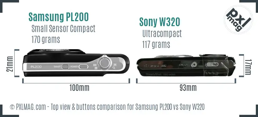 Samsung PL200 vs Sony W320 top view buttons comparison Samsung PL200 vs Sony W320 top view buttons comparison