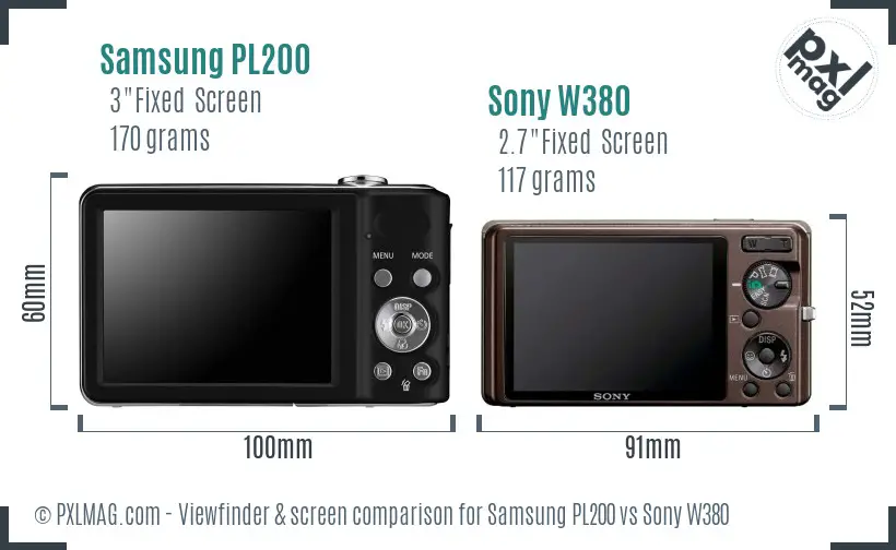 Samsung PL200 vs Sony W380 Screen and Viewfinder comparison