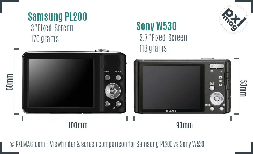 Samsung PL200 vs Sony W530 Screen and Viewfinder comparison
