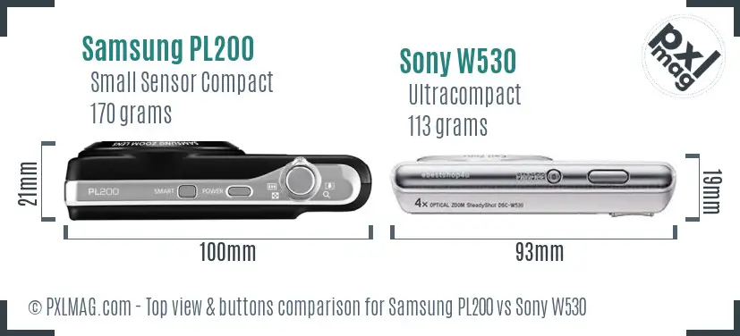 Samsung PL200 vs Sony W530 top view buttons comparison