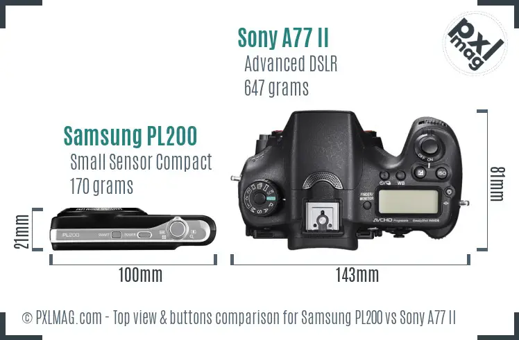 Samsung PL200 vs Sony A77 II top view buttons comparison