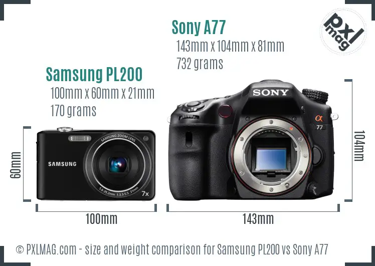 Samsung PL200 vs Sony A77 size comparison