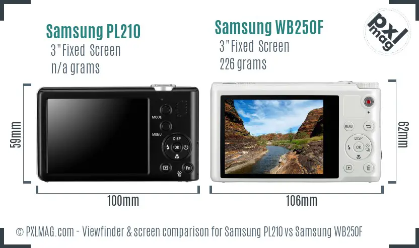 Samsung PL210 vs Samsung WB250F Screen and Viewfinder comparison