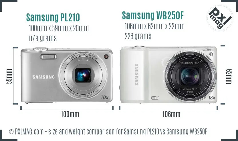 Samsung PL210 vs Samsung WB250F size comparison