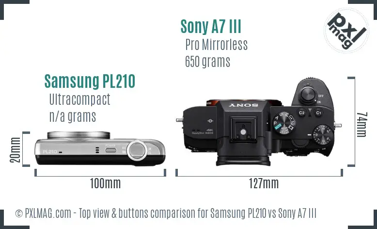 Samsung PL210 vs Sony A7 III top view buttons comparison Samsung PL210 vs Sony A7 III top view buttons comparison