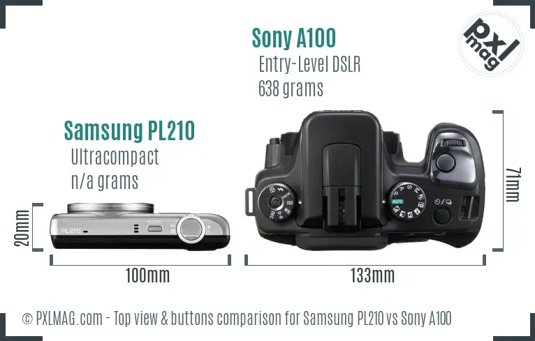 Samsung PL210 vs Sony A100 top view buttons comparison Samsung PL210 vs Sony A100 top view buttons comparison