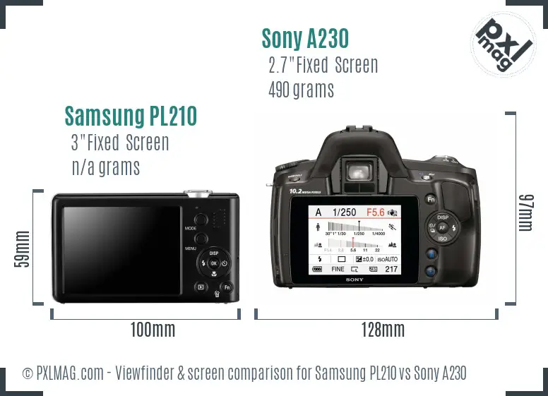 Samsung PL210 vs Sony A230 Screen and Viewfinder comparison