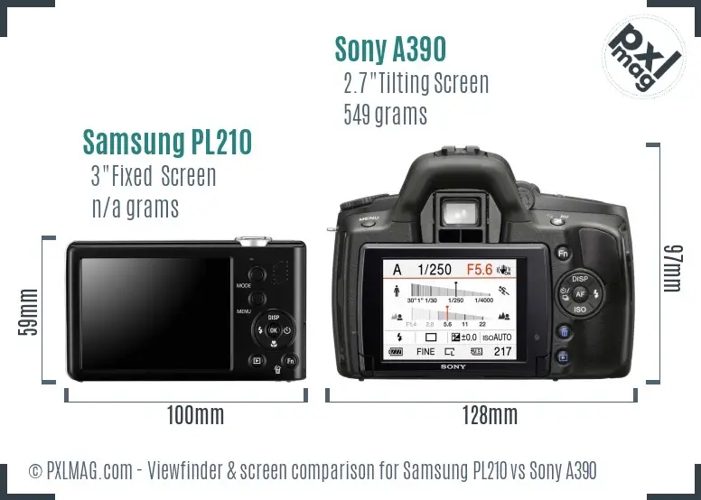 Samsung PL210 vs Sony A390 Screen and Viewfinder comparison