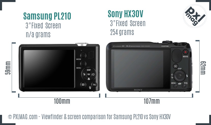 Samsung PL210 vs Sony HX30V Screen and Viewfinder comparison