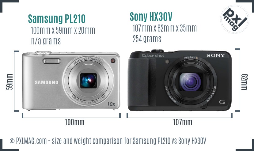 Samsung PL210 vs Sony HX30V size comparison