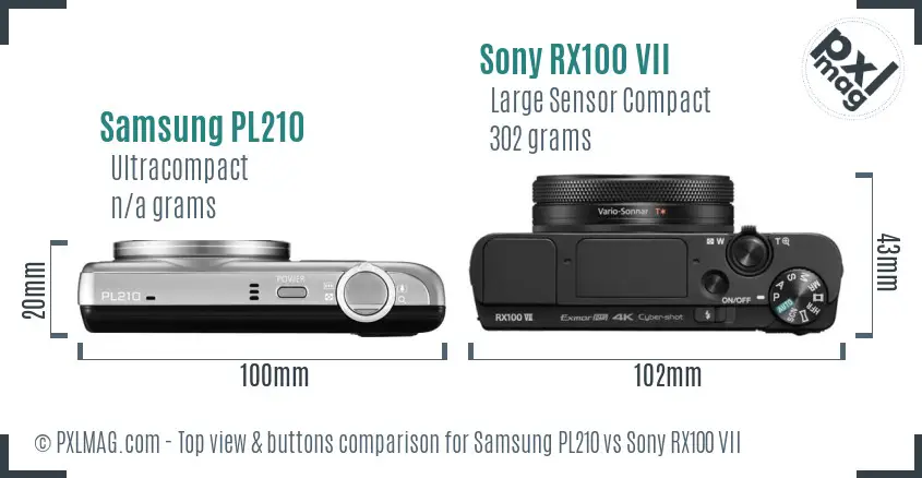 Samsung PL210 vs Sony RX100 VII top view buttons comparison Samsung PL210 vs Sony RX100 VII top view buttons comparison