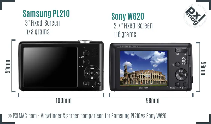 Samsung PL210 vs Sony W620 Screen and Viewfinder comparison