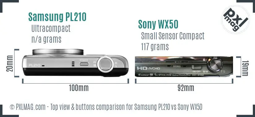 Samsung PL210 vs Sony WX50 top view buttons comparison Samsung PL210 vs Sony WX50 top view buttons comparison