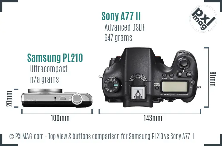 Samsung PL210 vs Sony A77 II top view buttons comparison