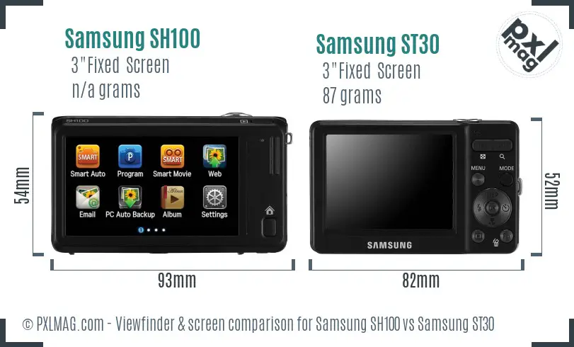 Samsung SH100 vs Samsung ST30 Screen and Viewfinder comparison