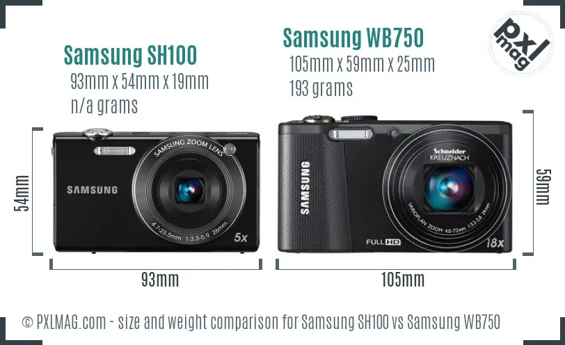 Samsung SH100 vs Samsung WB750 size comparison