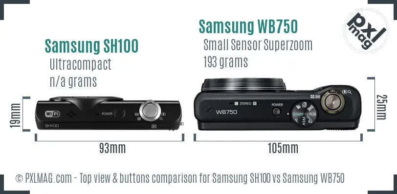 Samsung SH100 vs Samsung WB750 top view buttons comparison