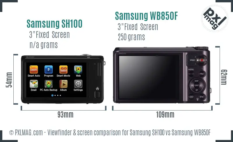 Samsung SH100 vs Samsung WB850F Screen and Viewfinder comparison