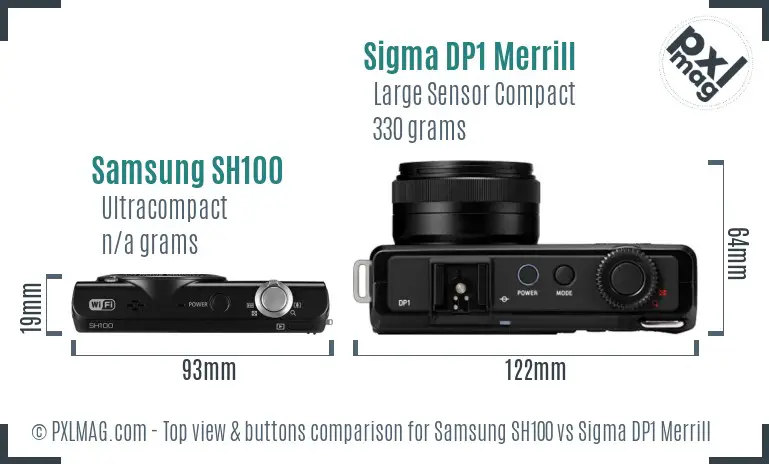 Samsung SH100 vs Sigma DP1 Merrill top view buttons comparison