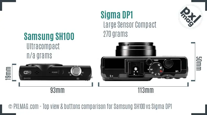 Samsung SH100 vs Sigma DP1 top view buttons comparison