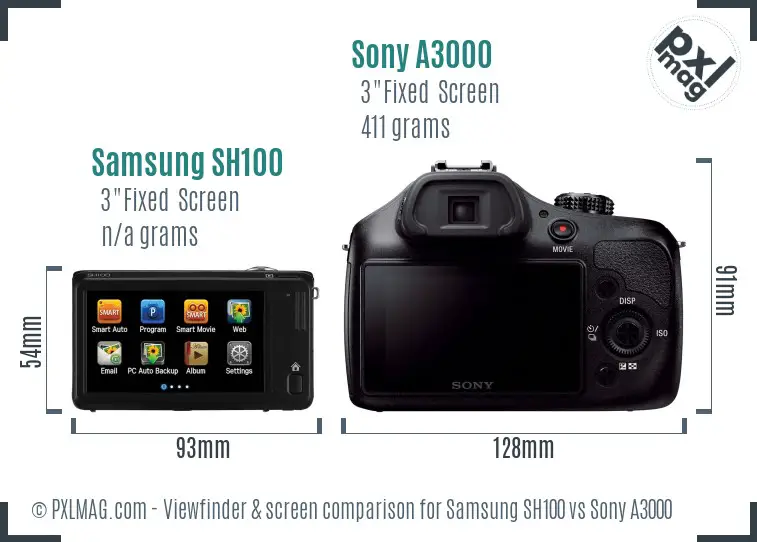 Samsung SH100 vs Sony A3000 Screen and Viewfinder comparison